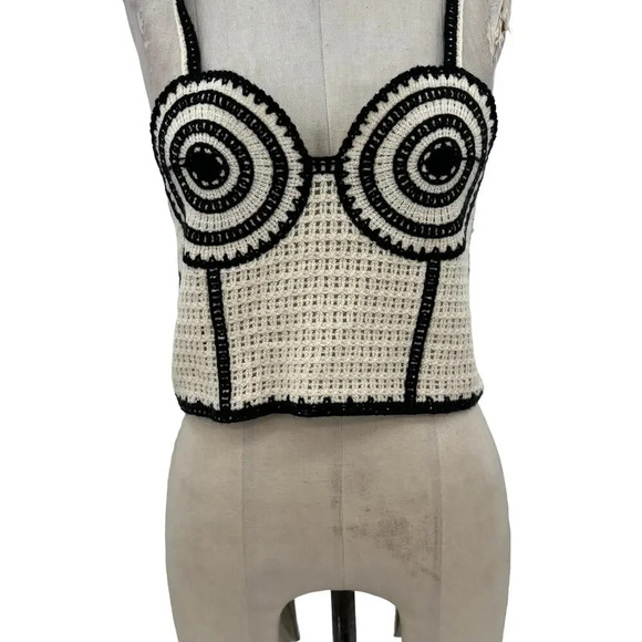 Zara Crochet Corset Cream‎ Black Knit Tank Top Size Medium - Picture 4 of 10